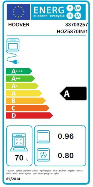 Fours encastrables Électrique 70L HOOVER HOOVHOZ9870INW 64 cmcm A,  HOOVHOZ9870INWIF